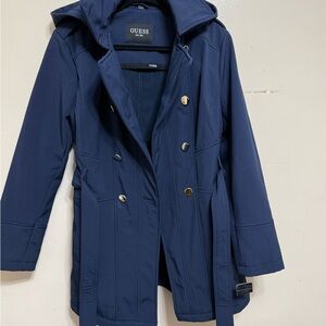 GUESS Navy Blue Double-Breasted Trench Coat with Belt and Hood Silver Buttons